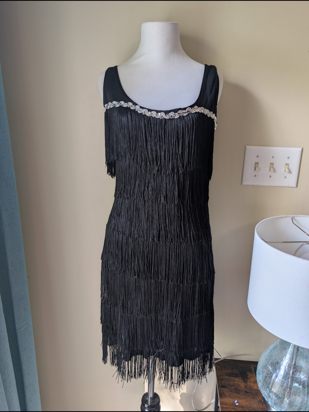 Spirit Halloween Flapper Black Fringe Midi Dress with Sequince Trim